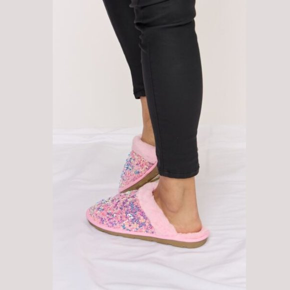 New Pink Sequin Plush Round Toe Slippers - Picture 6 of 7